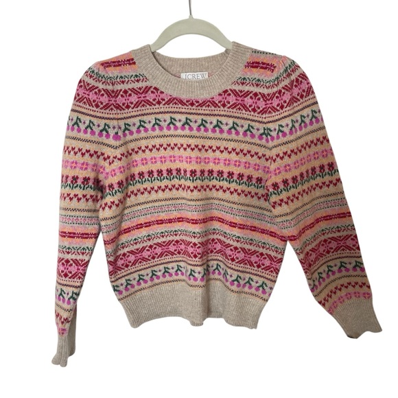 J. Crew Tan Pink Puff Sleeve Fair Isle Crew Neck Sweater in Size Extra Small XS - Picture 2 of 5